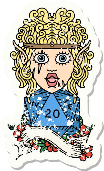 Bir insan tarafından çizilmiş doğal yirmi zarlı barbar bir elf karakterinin grunge çıkartması.