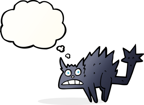 Bir insan tarafından çizilmiş düşünce baloncuğu olan korkmuş kara kedi çizgi filmi.
