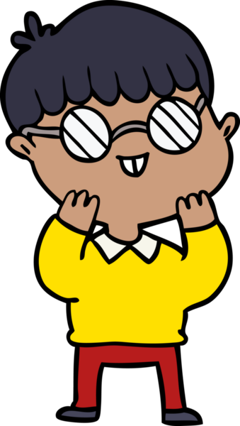 Bir insan tarafından çizilmiş gözlük takan çizgi film çocuğu.