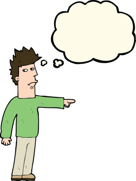 Bir insan tarafından çizilen düşünce baloncuğuyla işaret eden çizgi film adamı.