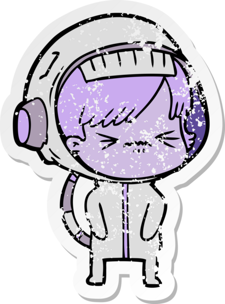 Bir insan tarafından çizilmiş karikatür astronot kadının sıkıntılı çıkartması.