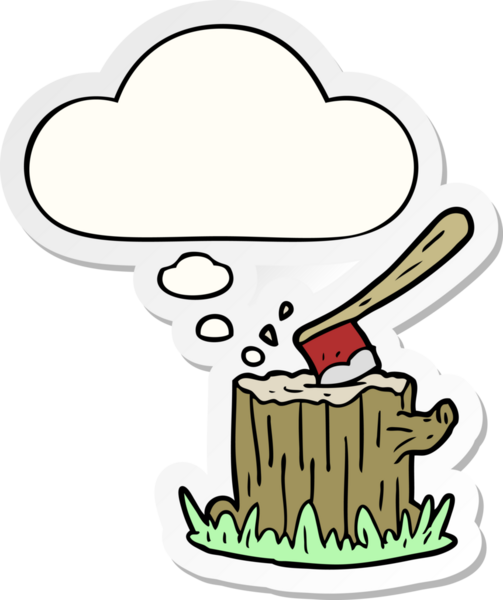 Düşünce baloncuğu insan tarafından çizilmiş bir çıkartma ile ağaç kütüğündeki çizgi film baltası.