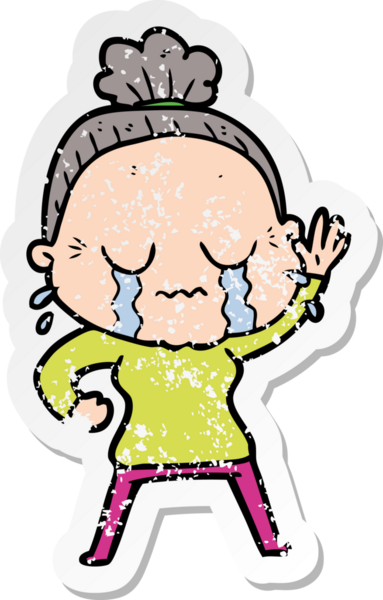 Bir insan tarafından çizilmiş, ağlayan ve el sallayan yaşlı bir kadının karikatür çıkartması.