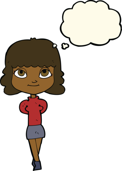 Bir insan tarafından çizilmiş düşünce balonlu mutlu kız çizgi filmi.