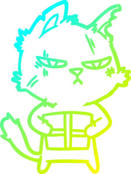 Sert bir çizgi film kedisinin soğuk gradyan çizimi. Bir insan tarafından çizilmiş noel hediyesi.