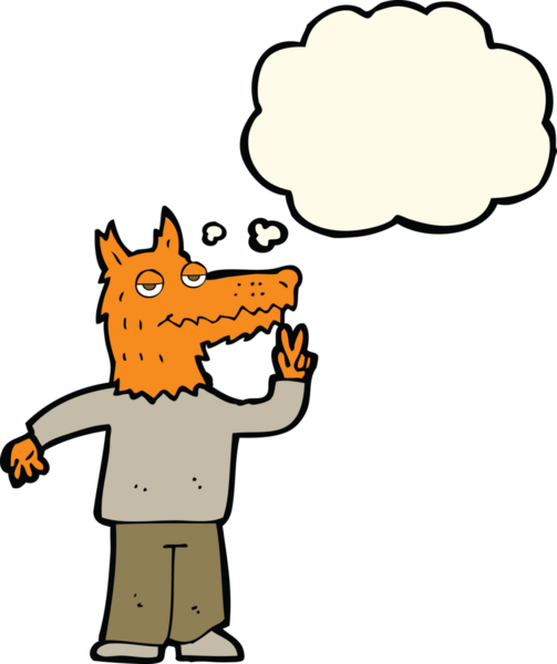 Bir insan tarafından çizilmiş düşünce balonlu mutlu tilki adam.