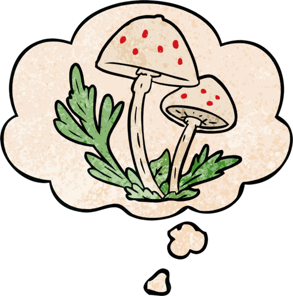 Bir insan tarafından çizilmiş grunge desenli düşünce baloncuklu mantarlar.