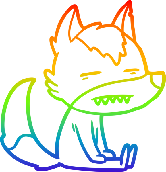 Gökkuşağı gradyan çizgi çizimi. Bir insan tarafından çizilmiş dişleri olan oturan bir kurt.