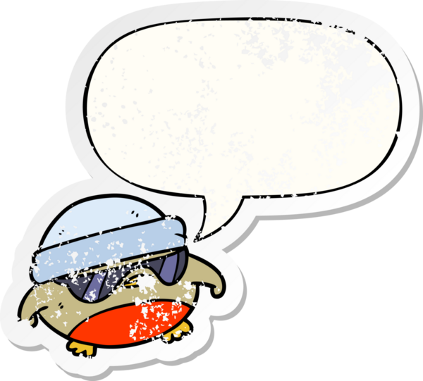 havalı noel robin çizgi filmi, güneş gözlüklü, konuşma baloncuklu, sıkıntılı, yaşlı bir insan tarafından çizilmiş bir çıkartma.