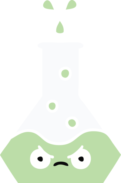 Bir insan tarafından çizilmiş bir bilim şişesinin düz renkli retro karikatürü
