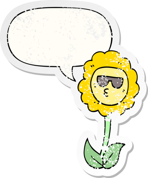 Konuşma baloncuğu olan karikatür çiçeği bir insan tarafından çizilmiş sıkıntılı eski bir çıkartma