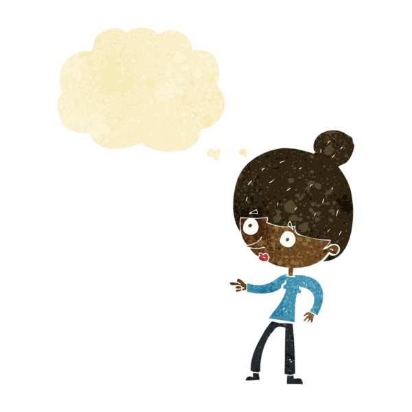 Bir insan tarafından çizilmiş düşünce balonuyla işaret eden çizgi film kadını.