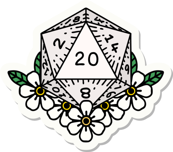 Bir insan tarafından çizilmiş 20 D20 zarının etiketi.