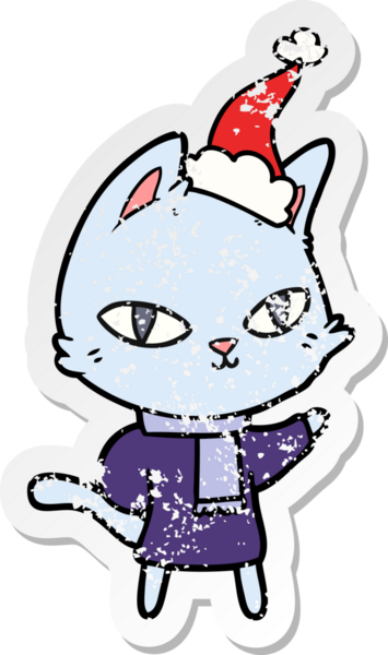 Bir insan tarafından çizilmiş Noel Baba şapkası takan kedinin kederli çıkartması.