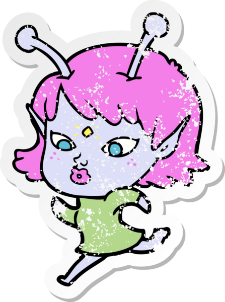 Bir insan tarafından çizilmiş güzel bir uzaylı kızın sıkıntılı çıkartması.