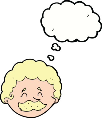 Bir insan tarafından çizilmiş düşünce baloncuklu bıyıklı çizgi film adamı.