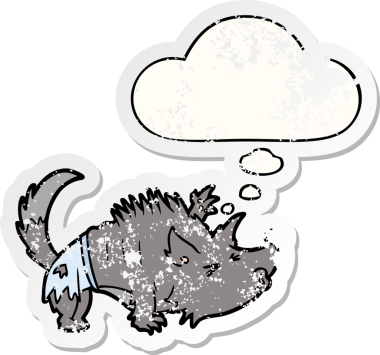 Düşünce baloncuğu olan karikatür kurtadam insan tarafından çizilmiş yıpranmış bir çıkartma.