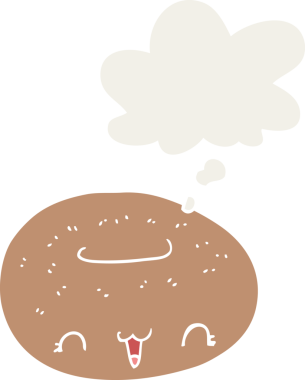 Düşünce baloncuğu olan tatlı çizgi film çöreği insan tarafından çizilmiş.