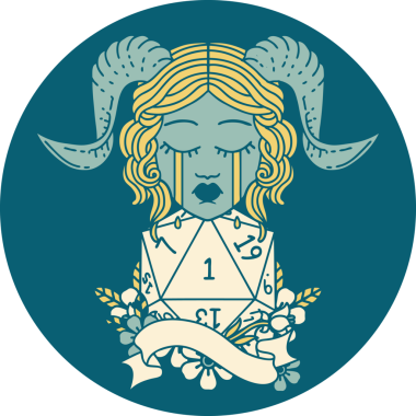 Retro Dövme Biçimi ağlayarak doğal bir D20 rulosuyla bir insan tarafından çizilmiş.