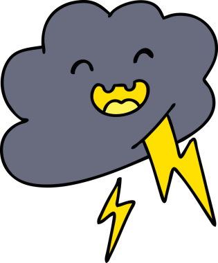 Bir insanın çizdiği yıldırımlar atan mutlu bir fırtına bulutunun karikatürü.