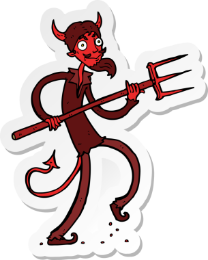 Bir insan tarafından çizilmiş dirgenli karikatür şeytan çıkartması.