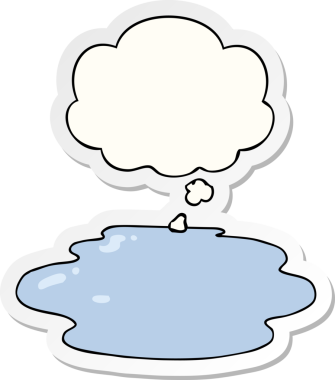 Düşünce baloncuklu su birikintisi insan tarafından çizilmiş bir çıkartma.