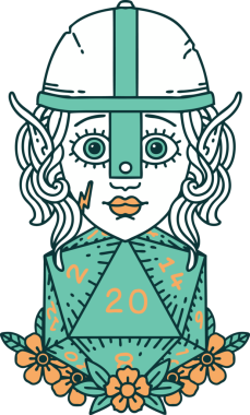 Retro Tattoo stili elf dövüşçüsü. Bir insan tarafından çizilmiş 20 zar ile.