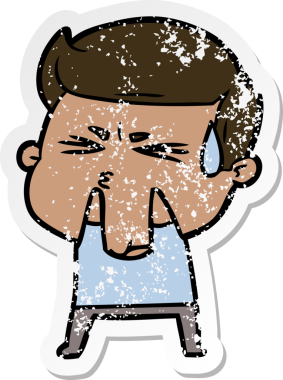 Bir insan tarafından çizilmiş terleyen bir çizgi film karakterinin sıkıntılı çıkartması.