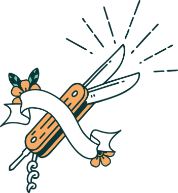 Bir insan tarafından çizilmiş dövme stili katlama bıçaklı parşömen.