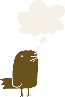 Düşünce baloncuğu olan çizgi film kuşu insan tarafından çizilmiş.