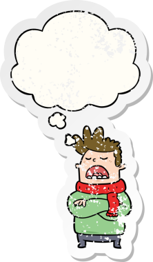 Düşünce baloncuğu olan, insan tarafından çizilmiş yıpranmış bir çıkartma gibi iğrenç bir çizgi film karakteri.