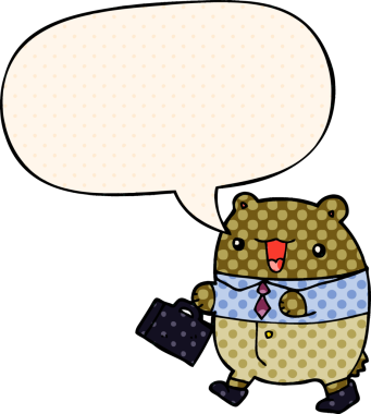 Bir insan tarafından çizilmiş çizgi roman tarzında konuşma balonu olan sevimli çizgi film iş ayısı.