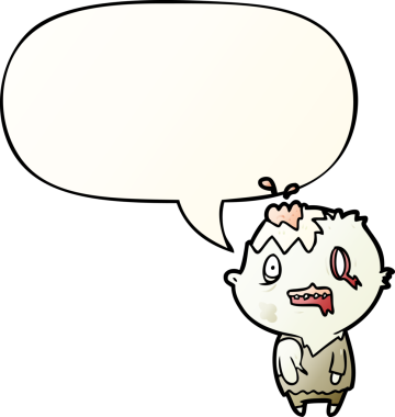 Bir insan tarafından çizilmiş, konuşma baloncuklu çizgi film zombisi.