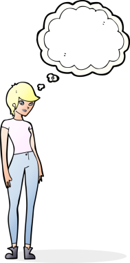 Bir insan tarafından çizilmiş düşünce baloncuğu olan modern çekici bir kadın.