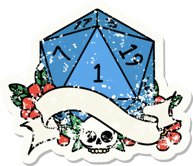 Bir insan tarafından çizilmiş doğal bir d20 zarının grunge çıkartması.