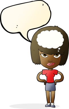 Bir insan tarafından çizilmiş bir konuşma balonuyla düşünen karikatür kadını.