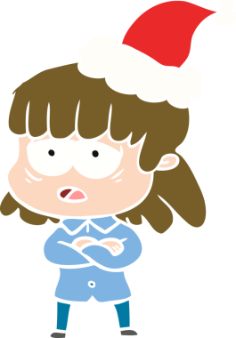 Bir insan tarafından çizilmiş Noel Baba şapkası giyen yorgun bir kadının el çizimi düz bir çizim.