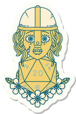 Bir insan tarafından çizilmiş 20 zarlı yarı ork savaşçı karakterinin çıkartması.