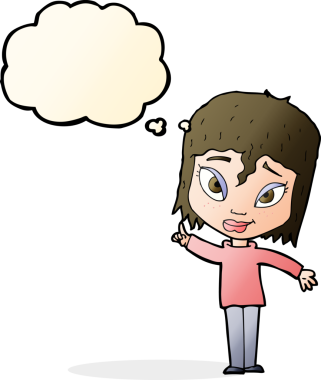 Bir insan tarafından çizilmiş düşünce baloncuğu fikri olan karikatür kadın.