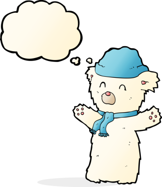 Bir insan tarafından çizilmiş düşünce baloncuklu şirin kutup ayısı.