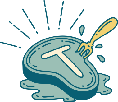 Bir insan tarafından çizilmiş geleneksel bir biftek ve çatalın resmi.