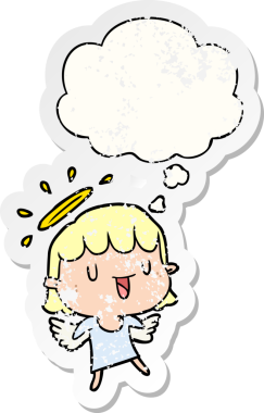 Düşünce baloncuğu olan karikatür meleği bir insan tarafından çizilmiş yıpranmış bir çıkartma.