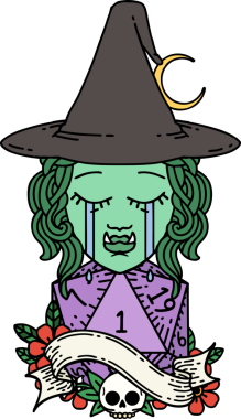 Retro Dövme Tarzı Ağlama Yarı Ork Cadı Karakteri Yüzü Doğal Bir D20 zar bir insan tarafından çizilmiş