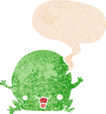 grunge 'da konuşma baloncuğu olan karikatür kurbağası bir insan tarafından çizilmiş dertli retro stil.