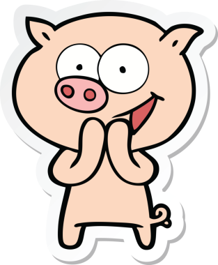 Bir insan tarafından çizilmiş neşeli bir domuz çizgi filminin çıkartması.