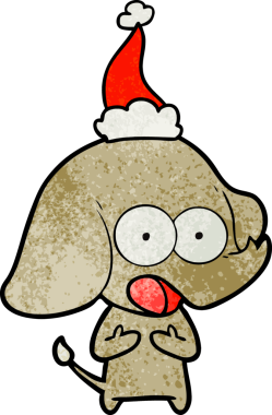 Bir insan tarafından çizilmiş Noel Baba şapkası takan bir filin desenli çizimi.