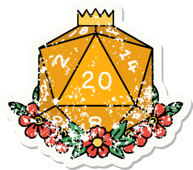 Bir insan tarafından çizilmiş çiçek elementleriyle 20 D20 zarının grunge sticker 'ı.