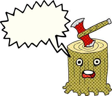 El yazısıyla çizilmiş çizgi roman konuşma balonu ağaç kütüğü ve balta bir insan tarafından çizilmiş.