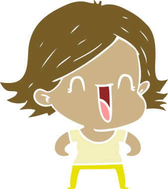 Bir insan tarafından çizilmiş düz renkli mutlu kadın çizgi filmi.