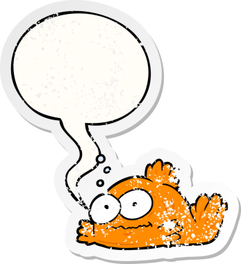 Komik karikatür, baloncuklu japon balığı bir insan tarafından çizilmiş sıkıntılı eski bir çıkartma.